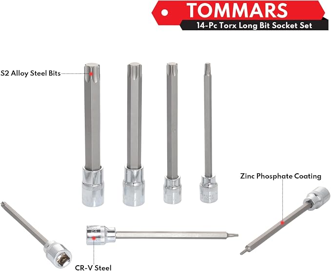 TOMMARS 14-PC Long Torx Bit Socket Set | T10, T15, T20, T25, T27, T30, T35, T40, T45, T47, T50, T55, T60, T70, 3/8", 1/2" Drive, S2 Alloy Steel