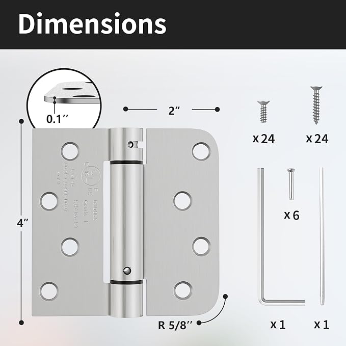 3 Pack Self Closing Door Hinges, 4 Inch Spring Loaded Door Hinges with Square & 5/8'' Radius Corners, Adjustable Tension for Garage, Front, Back Door, UL Listed, Left and Right Hand