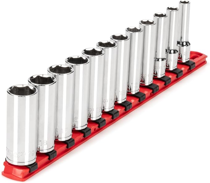 TEKTON 3/8 Inch Drive 6-Point Socket Set, 12-Piece | SHD91106 | (8 - 19 mm), Deep, Socket Rail