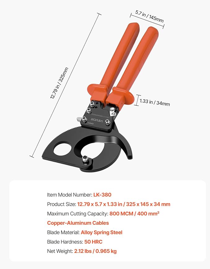 VEVOR Ratcheting Cable Cutter, Spring Steel Blades with PVC-Coated Handles, Quick-Release Button, Heavy Duty Ratchet Cable Wire Cutter for Cutting Copper & Aluminum Cables Up to 800 MCM / 400 mm²