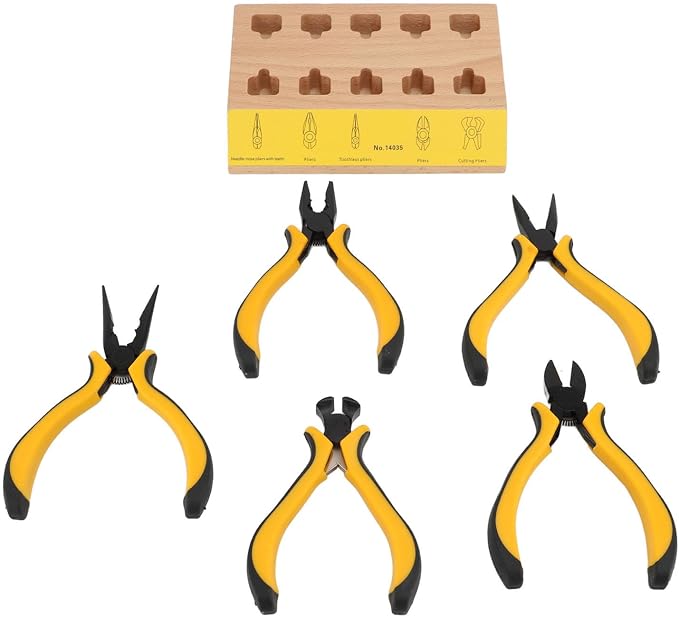 Naroote 5pcs Pliers Set with Wood Pallet, Beech and Metal Watch Repair Pliers Set, Heat Treated Blades, Effort Saving Grip, Wire Cutting for Jewelry Repair Hobby Users