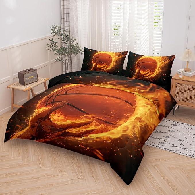 5 Pieces Basketball Comforter Full,Basketball with Fire Theme Sports Comforter Set Twin,Boys Bed Set with Sheets,Basketball Bedding Sets Full