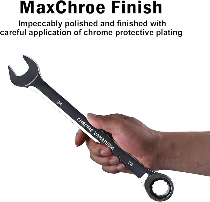 Egofine 24mm Ratcheting Combination Wrench Metric, Industrial Grade Gear Spanner with 12-Point Design, 72-Tooth Ratchet, Chrome Vanadium Steel