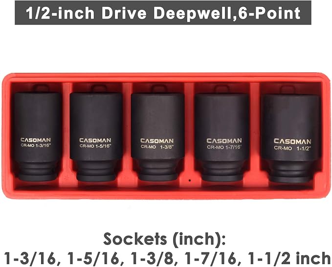 CASOMAN 1/2-Inch Drive Deep Spindle Axle Nut Impact Socket Set, 1/2" Drive Deep Impact Socket Set, Inch, Cr-Mo, 6-Point, 1-3/16-Inch - 1-1/2-Inch, 5 Piece Axle Socket Set