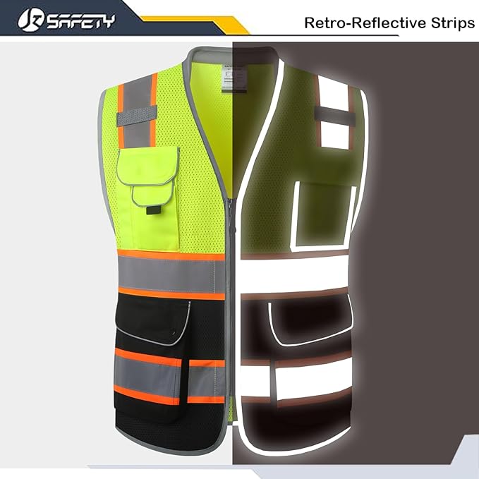 JKSafety 9 Pockets Class 2 Hi-Vis Safety Vest High Visibility Reflecitive Mesh Safety Vests for Men and Women Cushioned Collar Work Utility PPE Work Gear ANSI/ISEA compliant (101-YBlack L)