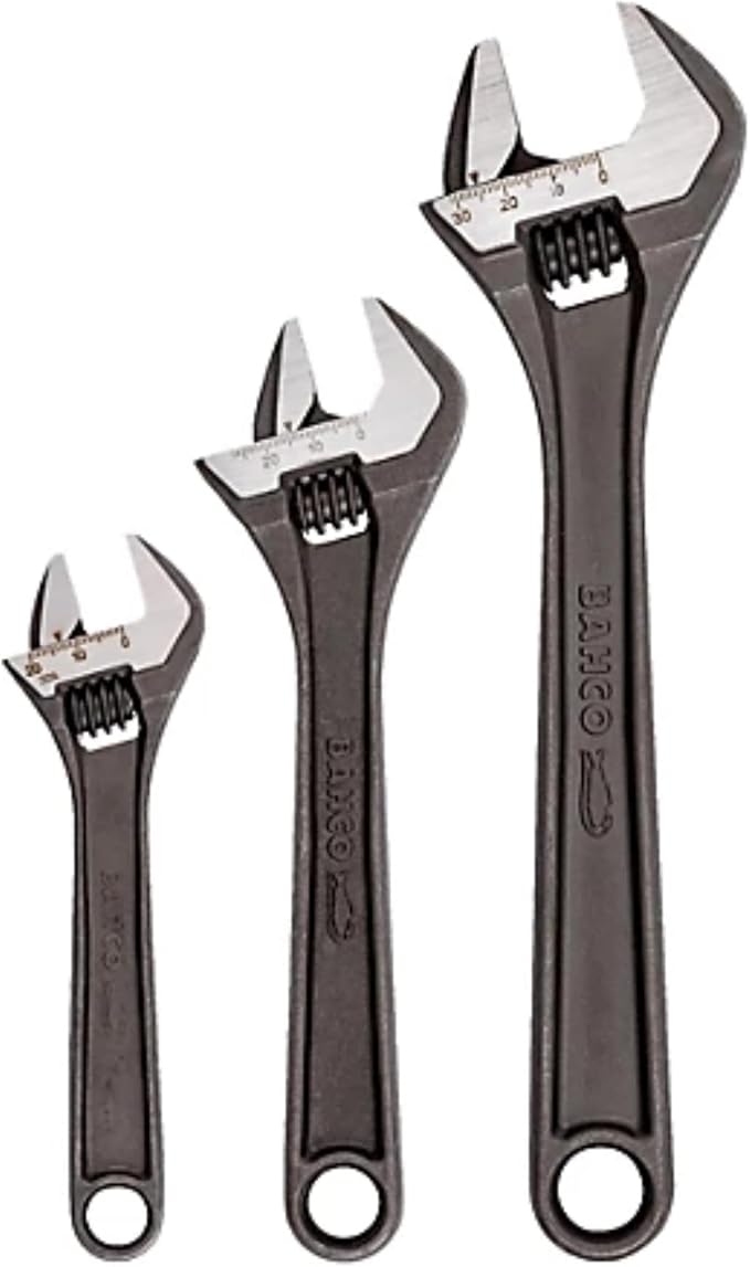 Bahco BHADJUST 3 ADJ3 Set of 3 Adjustable Wrenches (8070/8071 / 8072), Grey, 16 degree head angle