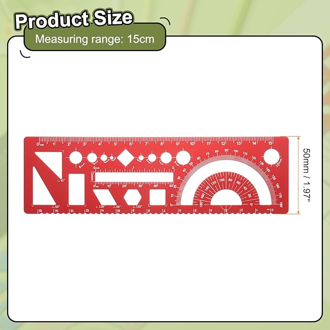 HARFINGTON Multifunctional Geometric Rulers 15cm Metric and SAE Aluminum Straight Edge Protractor Angle Math Measuring Ruler Geometric Drawings Templates for Drawing Drafting, Red