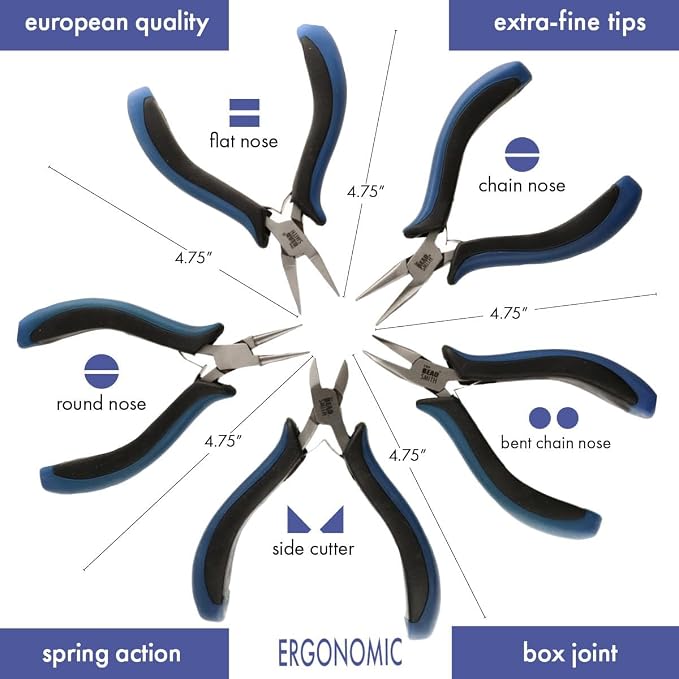 The Beadsmith Ergonomic Plier Set – 5-Piece Kit: Chain Nose, Round Nose, Flat Nose, Bent Chain Nose & Semi-Flush Side Cutter – Extra-Fine Tips, Comfortable Ergonomic Grip & Double-Leaf Springs