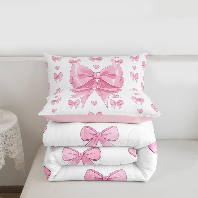 Feelyou Cute Pink Bow Bedding Set Soft for Boys Girls, Love Hearts Bowknot Comforter Set Queen Size Duvet Quilt Microfiber Bedroom Decor 3 Pcs with 2 Pillow Cases
