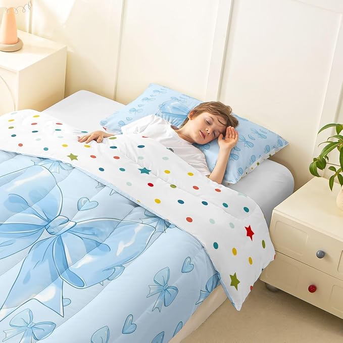 Feelyou Cute Blue Bow Bedding Set Soft for Boys Girls, Love Hearts Bowknot Comforter Set Toddler Size Girly Bow Tie Duvet Quilt Microfiber Bedroom Decor 2 Pcs with 1 Pillow Cases