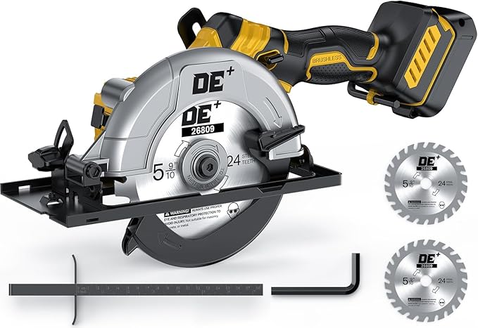 Brushless Cordless Circular Saw, for DeWalt 20V Max Battery, 6-Inch Aluminum Alloy Blade, 5900 RPM, 4.2 Lbs Lightweight, Cutting Depth 2-1/20" (90°), 0-90° Bevel, Hex Wrench, Rip Guide, for Wood, PVC