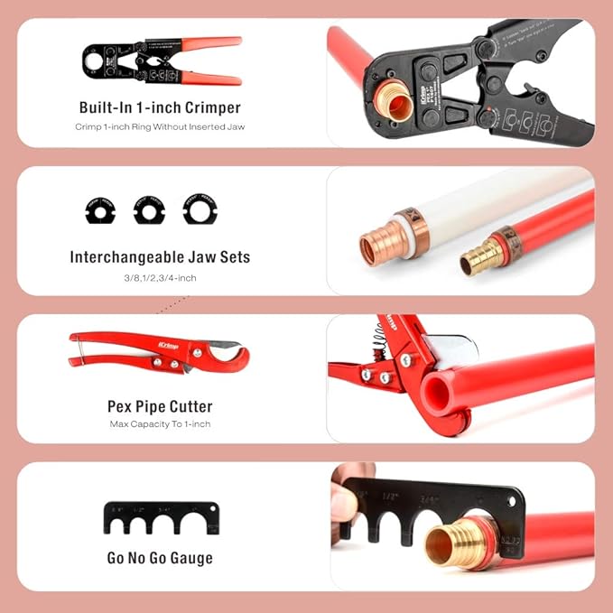 PEX Crimping Toolset for 3/8, 1/2, 3/4&1-inch Copper Rings w/Copper Ring Removal Tool