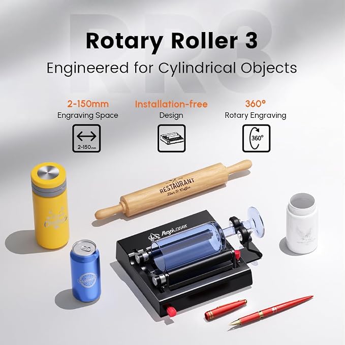 AlgoLaser Rotary Roller Attachment for Laser Engraver, 360° Dual-Support Rotary Roller for Cylindrical Objects, Tumblers, Bottles, 2-150mm Adjustable, Compatible with Pixi & Most Laser Engravers