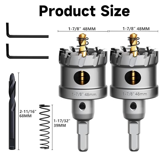 Metal Hole Saw 1-7/8''(48mm) 2Pcs Set Heavy Duty Tungsten Carbide Tipped Hole Cutters Set with a nitrided Step Drill and L-flench, for Steel Iron,Aluminum,Stainless stell