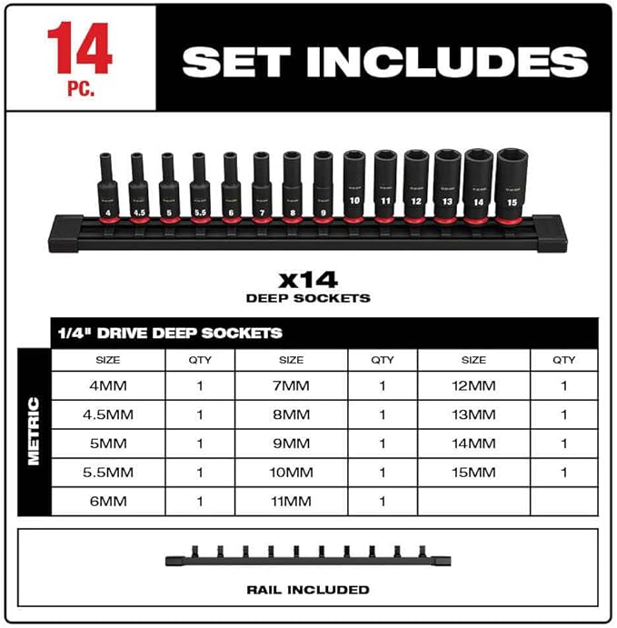 49-66-7003 for MiIwaukee 6 Point Set Impact Duty 1/4 In. Drive Metric Socket Set - 14PC