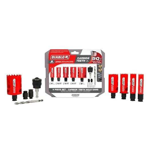 Diablo Hole Saw Set, Cuts Wood, Metal, Plastics - 9 Piece Kit with Carbide Teeth, Snap-Lock Mandrel, Pilot Bit, Adaptor Nuts, Deep 2-3/8" Cutting Depth - DHS09SGPCT
