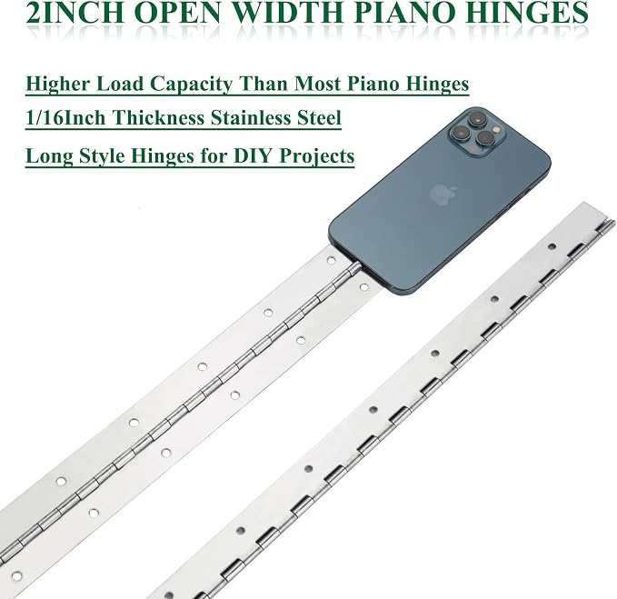2Pack Heavy Duty Piano Hinge, 2" Open Width x 18" Continuous & Piano Hinges, 0.06” Thick Stainless Steel Piano Hinge with Holes, Polished Stainless Furniture Hinges for Cabinet Door Cases Woodworking
