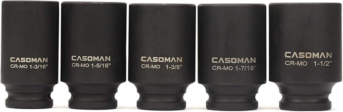 CASOMAN 1/2-Inch Drive Deep Spindle Axle Nut Impact Socket Set, 1/2" Drive Deep Impact Socket Set, Inch, Cr-Mo, 6-Point, 1-3/16-Inch - 1-1/2-Inch, 5 Piece Axle Socket Set
