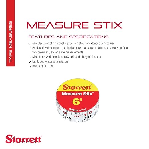 Starrett Measure Stix SM66W Steel White Measure Tape with Adhesive Backing, English Graduation Style, Left To Right Reading, 6' Length, 0.75" Width, 0.0625" Graduation Interval (1 PACK)