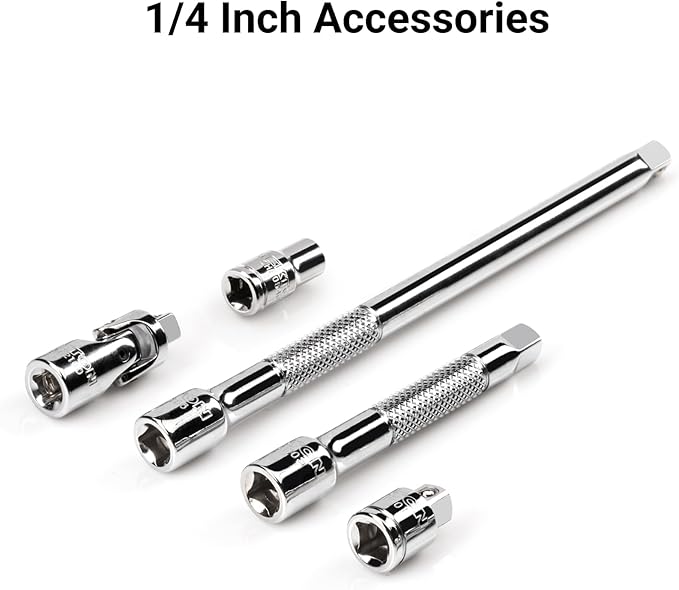 TEKTON 1/4 Inch Drive 6-Point Socket and Ratchet Set with Rails and Tray, 35-Piece (4-15 mm) | SKT03201