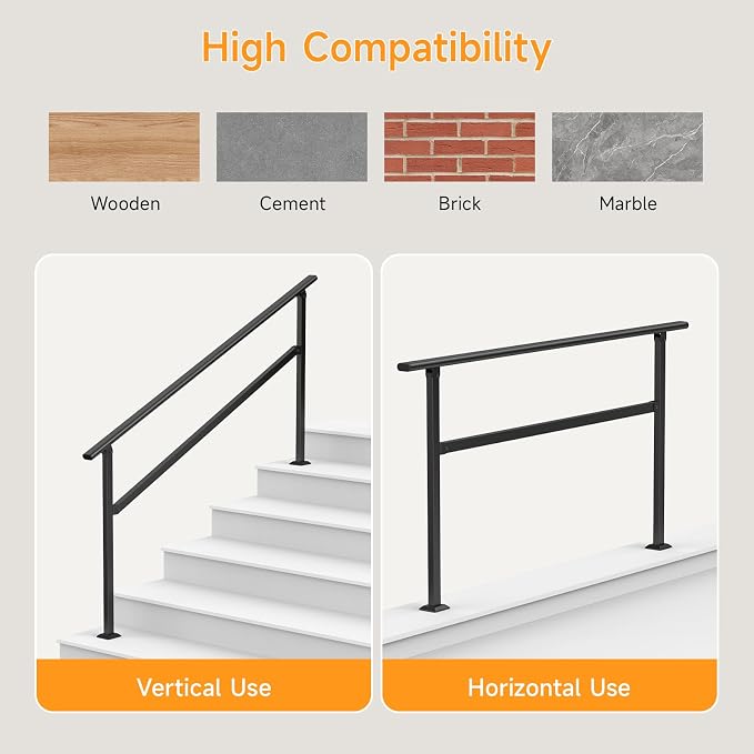 Hand Rails for Outdoor Steps 2-5 Steps Wrought Iron Handrails | Stair Railing for Porch, Home, Garden, Indoor, Staircase Handrails for Wooden, Cement, Brick, Marble (5 Steps)