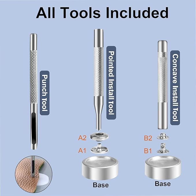 Alritz 15mm Leather Snap Button Kits with Hammer Punch Spacer, 90 Sets Metal Snaps Press Studs with 4 Setter Tools for Thin Clothes, Jackets, Jeans Wears, Bracelets, Bags