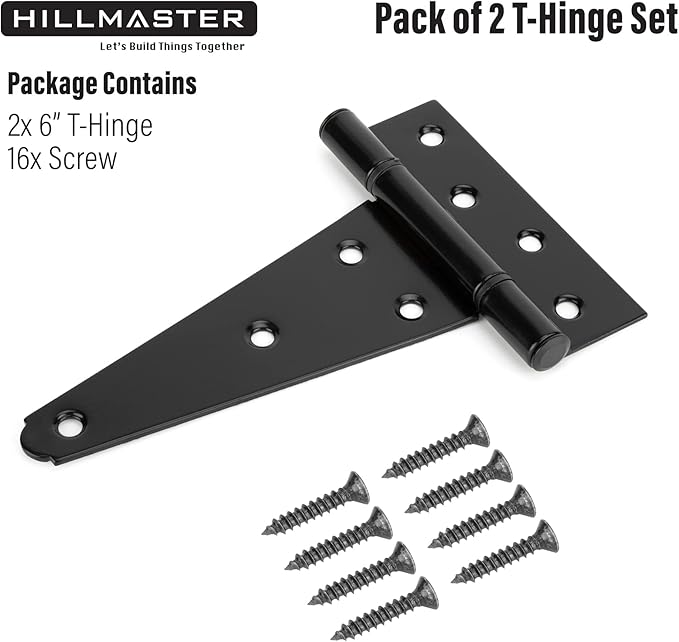 HILLMASTER 6 Inch T-Strap Heavy Duty Shed Door Hinges Gate Strap Hinges Black Tee Hinge Wrought Hardware for Wooden Fences,Yard,Barn Door,Rustproof(2 Pack)