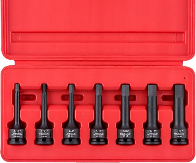 NEIKO 01131B 3/8-Inch-Drive Allen Socket Set, 3-Inch Length, 3/8-Inch Impact Hex-Bit Socket Set, SAE Hex Driver 3/16" to 1/2", CrMo Steel, Impact-Grade, 7-Piece Set