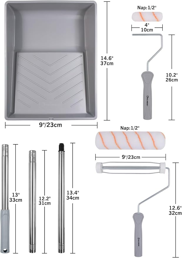 ROLLINGDOG Paint Roller Kit with Extension Pole - 9 Inch Paint Roller with Tray, 4Inch Mini Rollers,Stainless Steel Extension Pole (3ft)