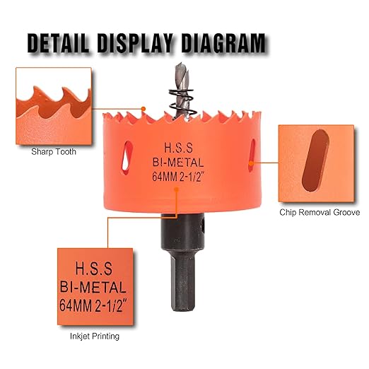 2.5 inch Hole Saw with Arbor for Metal Wood Plastic, 2-1/2 in Bimetal Hole Cutter for Different Project with Smooth and Flat Drilling Edge, Fast Chip Removal