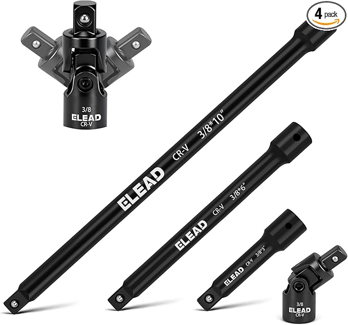 4-Piece 3/8" Drive Socket Extension Bar Set, 3, 6, 10 inch Professional Extension Set, 3/8 Inch Drive Universal Joint Socket, Premium Cr-V Steel Sockets Wrench Extender