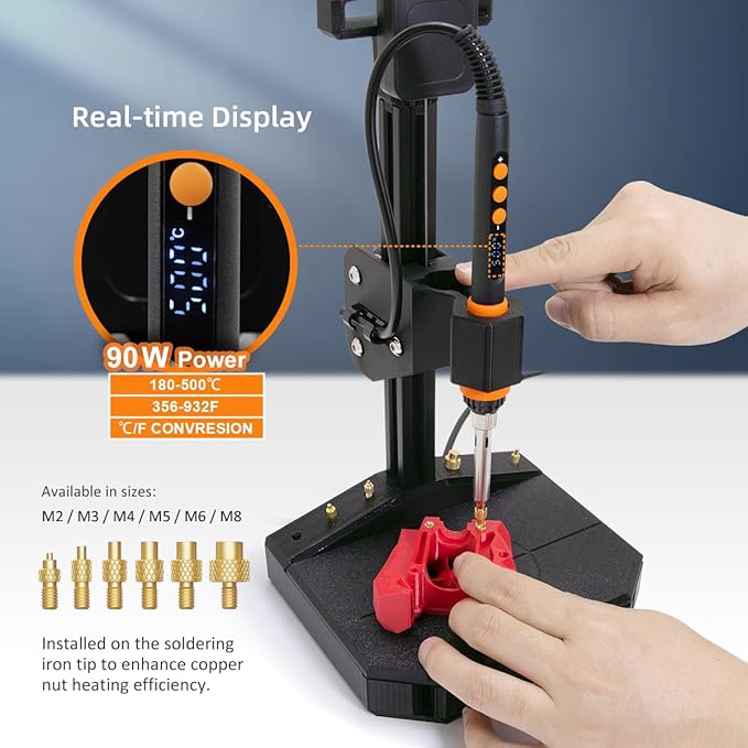 Vertical Heat Set Insert Tool Pressing Machine with 90W Soldering Iron, Heat Set Tips M2-M8, 30PCS Brass Nuts Threaded Inserts for 3D Printed Part