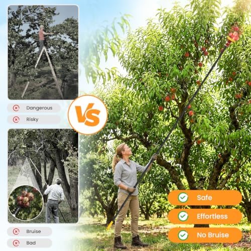 18FT Reach Fruit Picker with Basket, Apple Picking Tool Telescoping Pole, Long-Handle Mango Grabber, Tree Fruit Catcher for Harvesting Lemon Pear Orange Avocado Peach Citrus Grapefruit