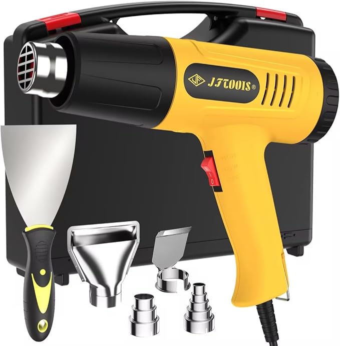 Includes four-piece heat gun set and hard-sided carrying case/accessory kit, yellow. (JF2000AA)