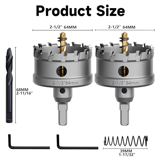 Metal Hole Saw 2-1/2''(64mm) 2Pcs Set Heavy Duty Tungsten Carbide Tipped Hole Cutters Set with a nitrided Step Drill and L-flench, for Steel Iron,Aluminum,Stainless stell