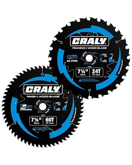 CRALY 7-1/4 Inch 24&60 Teeth Wood Cutting Framing/Fine Finish Circular Saw Blade, 5/8 Inch Arbor, Carbide Tipped, Thin Kerf, Black Ice™, for Plywood, MDF, OSB, Laminated, 2-Pack(C072460-2C)