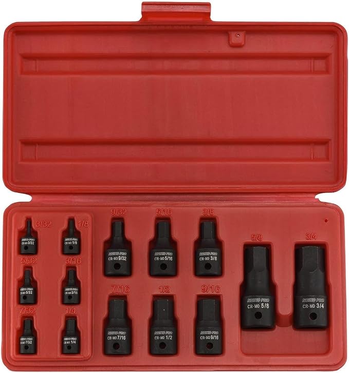 NEIKO 01142B Allen Bit Socket Set | 14 Piece | SAE | 3/32” to 3/4" | 1/4", 3/8” and 1/2" Drive | Cr-Mo Impact Grade