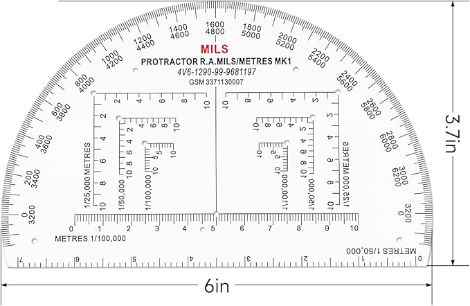 CYA Military Map Protractor for Land Navigation, Military Style UTM/MGRS Coordinate Scale, 6" RA