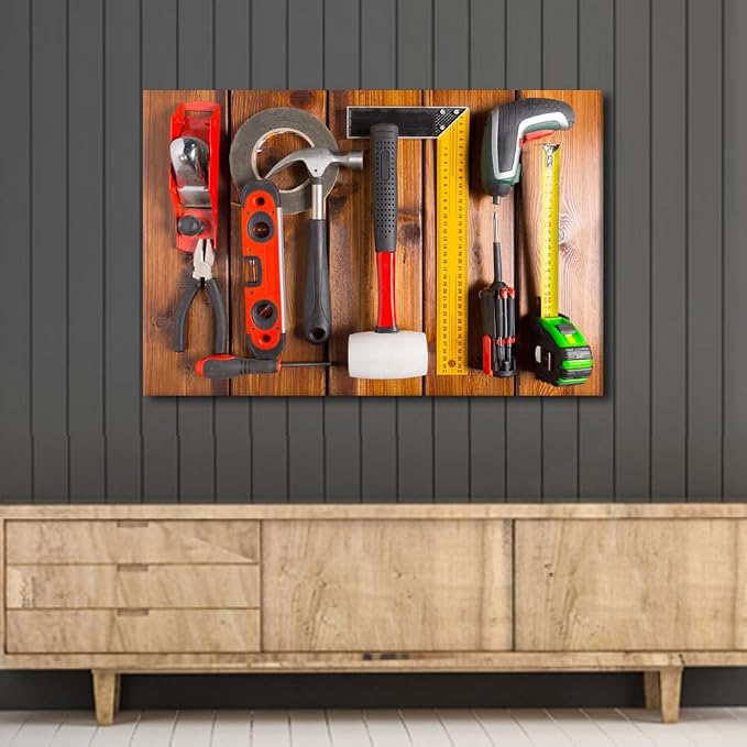 Big Wall Art for Living Room Wall Decor Blue Background House Renovation Tools and Accessories Top View Poster, Canvas Supermarket Hotel Tool Room Hardware Store Wall Decor 1 Panels (24"Wx36"H)