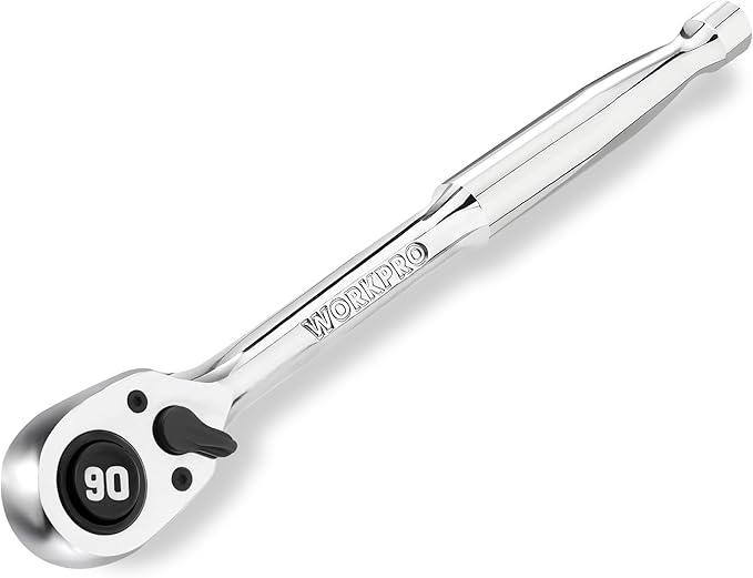 WORKPRO 3/8-Inch Drive Low-Profile Ratchet, 90-Tooth Ratchet Wrench | Quick-Release Socket Wrench for Men Women, Reversible, 4° Swing, CR-MO Compact Drive Head, Full Polished