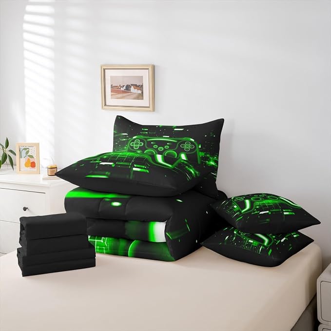Erosebridal Gaming Twin Comforter Set with Sheets, Gamer 7 Piece Bedding Set Neon Lights Retro Game Console Bed in a Bag, Green Brick Cube Room Decor,Game Room Decor
