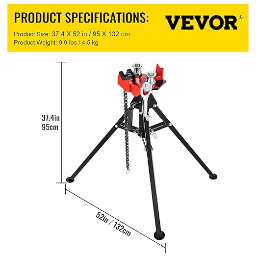 VEVOR Tripod Pipe Chain Vise, 1/8"-5" Pipe Capacity, 36.4“ Length Chain Vise Stand with Portable Folding Steel Legs, for Grabbing, Supporting and Bending Pipes in Factory, Workshop and Home