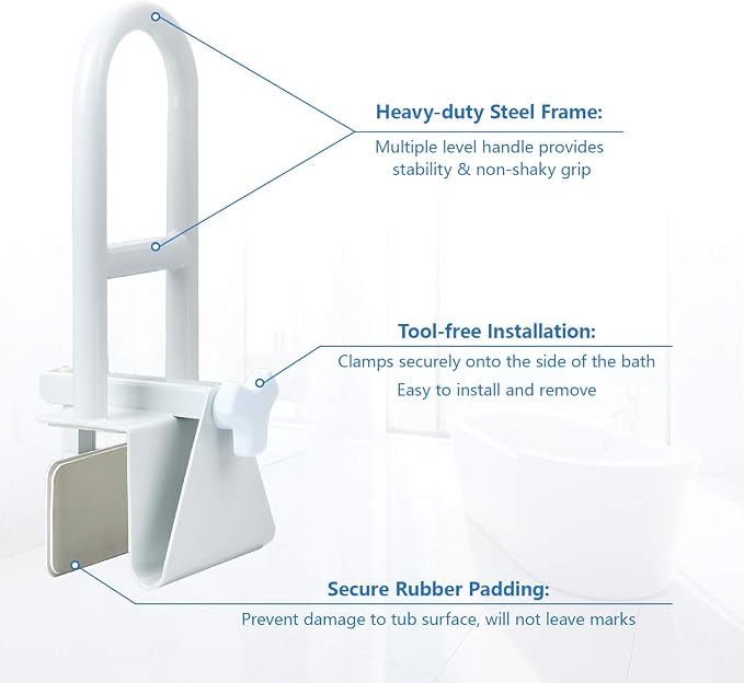 Butizone Bathtub Safety Rail, Medical Adjustable Tub Grab Bar Handle Clamp Safety Handrail Support for Seniors and Elderly