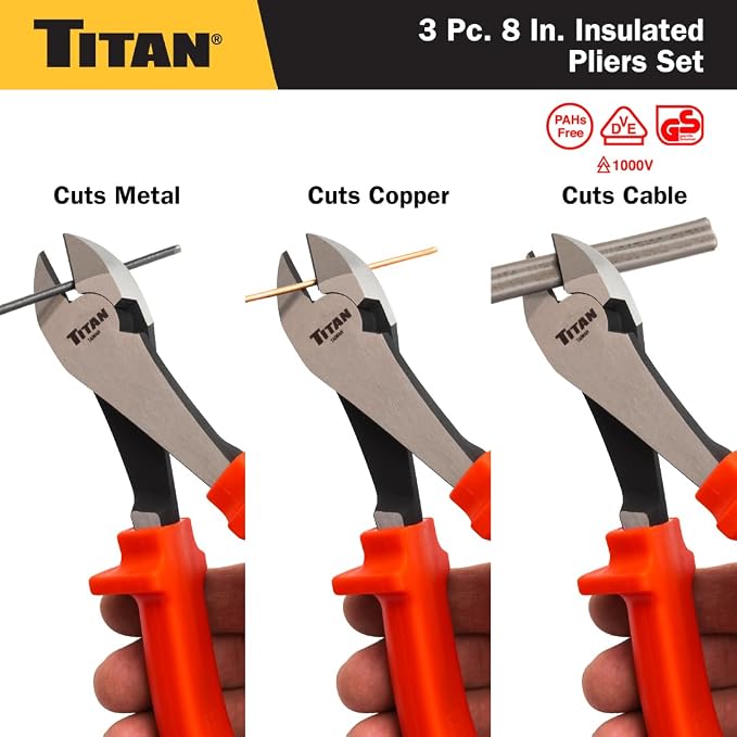 Titan 73349 3-Piece VDE Insulated Pliers Set, Includes 8-Inch Combination, Long Nose, and Diagonal Plier