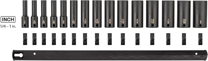 TEKTON 3/8 Inch Drive Impact Socket Set, 15-Piece | SID91105 | (1/4 - 1 in.), Deep, 6-Point, Socket Rail