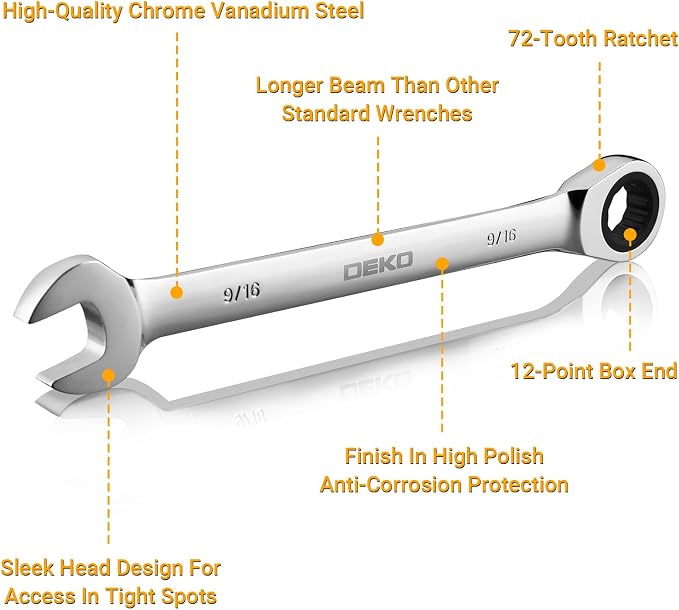 DEKOPRO 12-Piece Ratcheting Wrench Set SAE 1/4'' to 7/8'', Fixed Head Combination Wrenches Set with Rack Organizer, Cr-V Steel, 12 Point 72 Teeth