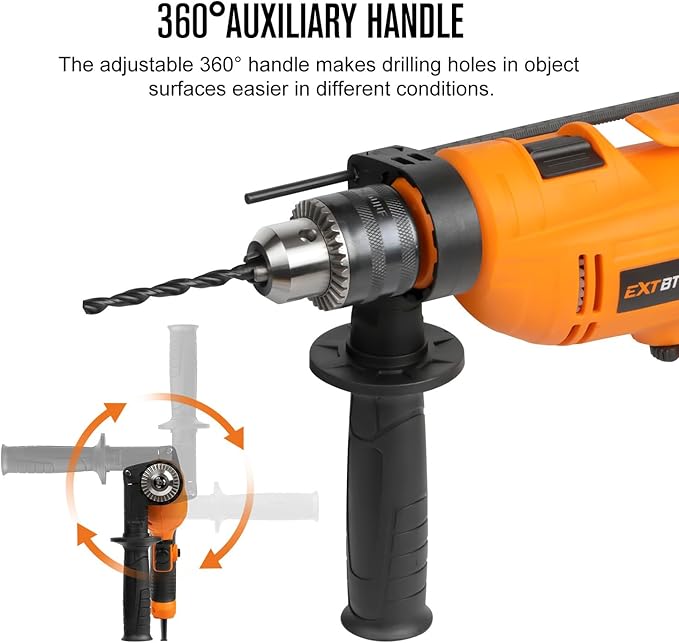 Hammer Drill，5.8Amp Corded Hammer Drill,1/2" Variable Speed Drill with 9 Pcs Drill Bit Set,Multi-angle Aauxiliary Handle for Wood, Concrete, and Plastic