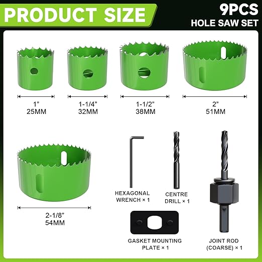 9 Piece Hole Saw Set - High Carbon Steel 25-54mm (1" to 2-1/8") Blades for Drywall, Softwood, Plastic, and PVC; Professional Grade with Instant Support