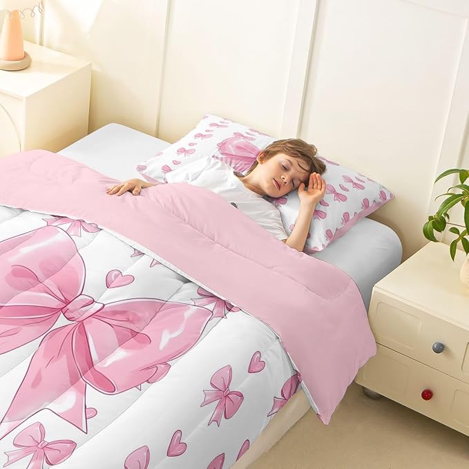 Feelyou Cute Pink Bow Bedding Set Soft for Boys Girls, Love Hearts Bowknot Comforter Set Twin Size Duvet Quilt Microfiber Bedroom Decor 2 Pcs with 1 Pillow Cases