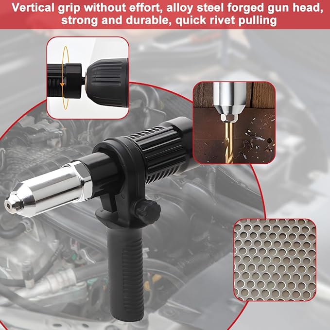Car Rivet Gun Adapter, Alloy Steel Riveter Gun Adapter Kit with Handle Grip & 4 Rivet Head for Cordless Electric Power Drill, Pop Riveting Nut Tool Drill Attachment, Universal Fit